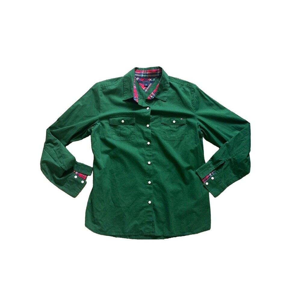 Tommy Hilifiger Forest Green Button Up Size Large Contrast Plaid Tab Sleeve